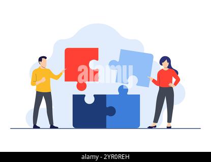 Mitarbeiter arbeiten erfolgreich zusammen, Teamwork-Konzept, diskutieren Aufgaben, verbinden Puzzle-Elemente, Brainstorming, Geschäftsentwicklung, Partnerschaft. Teamgeist Stock Vektor