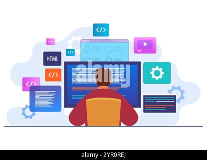 Mann, der als Programmierer arbeitet, Code mit Laptop schreibt, Website-Entwickler, Codierungssoftware auf Computerbildschirm flache Illustrationsvektorvorlage Stock Vektor