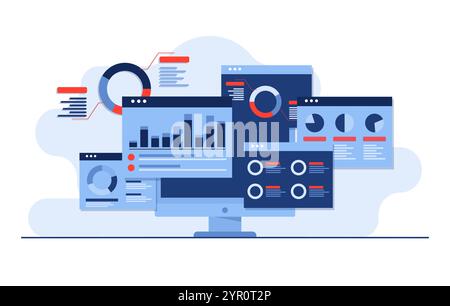 Daten und Informationen, die auf Dashboards angezeigt werden, SEO Marketing Werbeanalysen Vektorillustration Konzept, Marketinganalysen, Marktforschung, Stock Vektor