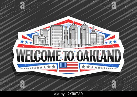 Vektor-Logo für Oakland, weißes dekoratives Etikett mit Linienillustration der städtischen Panorama oakland Stadt Landschaft auf Tageshimmel Hintergrund, Kunstdesign Kühlschrank Stock Vektor