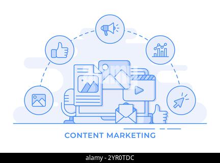 Infografik für Content Marketing Thin Line Vektor flache Illustration für Landing-Page, Webbanner, mobile Anwendung, Web Design-Benutzeroberfläche, ui/ux Stock Vektor