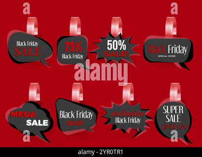 Wobbler-Tags in Form einer Sprechblase mit Werbebotschaften. Dunkle Rabattabzeichen mit Mega-Angeboten, Nachlässen in Prozentsätzen und Texten zu exklusiven Angeboten. Point-of-Sale-Elemente für Black Friday-Verkäufe. Stock Vektor