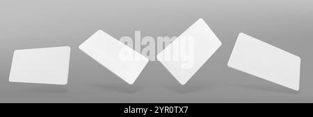 Leere Geschenkkarten-Mockups auf grauem Hintergrund isoliert. Vektor-realistische Illustration von leeren weißen Plastik- oder Papiergutscheinen mit Platz für Corporate Branding, Bank, Geschäft, Club-Mitgliedsgutschein Stock Vektor