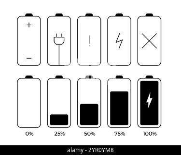 Batteriesatz. Unterschiedliche Sammlung von Ladeschildern Stock Vektor