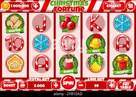 Casino-Spielautomat, Spiel-UI-Design, Glücksspiel-App-Konzept für das Weihnachtsspiel oder Bonbons-Casino-Spiel. Die Benutzeroberfläche des Slotspiels mit Stock Vektor