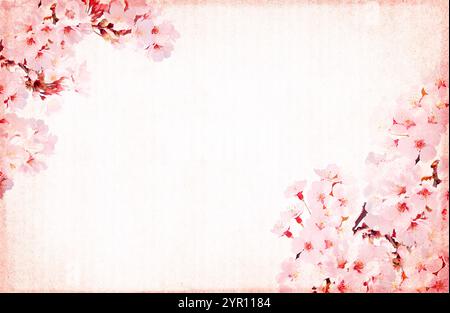 Frühlingshintergrund mit schöner blühender Sakura und gestreifter Kartonstruktur. Horizontales Banner mit pinkfarbener Papierstruktur und Sakurzweig Stockfoto