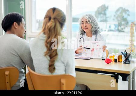 Eine professionelle asiatische Ärztin in Uniform mit einem jungen Ehepaar im Untersuchungsraum. Arztbesuch, Gesundheit Stockfoto