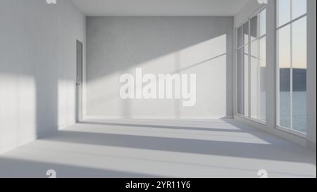 Das Innere eines minimalistischen, unmöblierten weißen Raumes mit großen Fenstern, weißen Wänden und Böden, mit Sonnenlicht, das Schatten wirft. 3D-Rendering, 3D Stockfoto