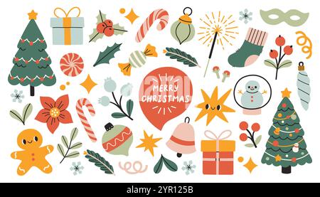Niedliches Weihnachtsset. Kollektion mit dekorativen handgezeichneten Elementen für das neue Jahr. Perfekt für Scrapbooking, Grußkarte, Partyeinladung, Poster, Aufkleber. Stock Vektor