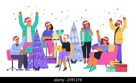 Büro Weihnachtsfeier festliche Szene Kollegen tauschen Geschenke mit Weihnachtsmützen Weihnachtsbäume farbenfrohe Konfetti und Geschenke aus Stock Vektor