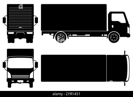 Kleine Silhouette des Lieferwagens auf weißem Hintergrund. Die Fahrzeugsymbole bestimmen die Ansicht von der Seite, von vorn, hinten und von oben Stock Vektor