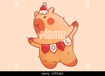 Kawaii Weihnachtscapybara in Hut mit Girlande und Flaggen noel. Stock Vektor