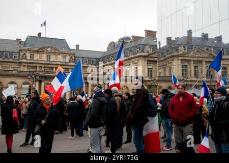 Paris, Frankreich. Dezember 2024. Allgemeine Ansicht, Demonstratoren. Abfahrt vom Place du Palais Royal, Demonstration der Fraktion Les Patriotes von Florian Philippot für die Rückkehr des Friedens in die Ukraine, gegen die Entsendung französischer Soldaten, für Frexit und den Ausstieg aus der NATO. Paris, Ile-de-France, Frankreich am 1. Dezember 2024. Foto: Denis Prezat/ABACAPRESS. COM Credit: Abaca Press/Alamy Live News Stockfoto