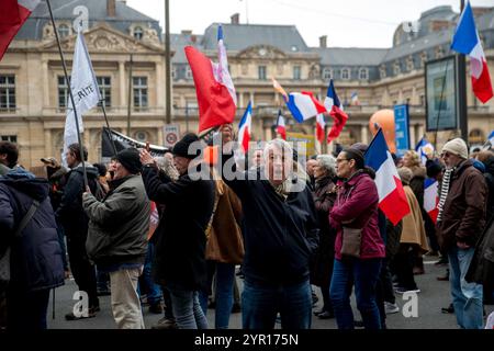 Paris, Frankreich. Dezember 2024. Allgemeine Ansicht, Demonstratoren. Abfahrt vom Place du Palais Royal, Demonstration der Fraktion Les Patriotes von Florian Philippot für die Rückkehr des Friedens in die Ukraine, gegen die Entsendung französischer Soldaten, für Frexit und den Ausstieg aus der NATO. Paris, Ile-de-France, Frankreich am 1. Dezember 2024. Foto: Denis Prezat/ABACAPRESS. COM Credit: Abaca Press/Alamy Live News Stockfoto