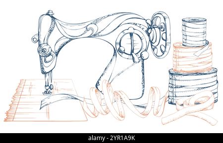 Vintage-Retro-Nähmaschine mit Bandspulen, Indigobeige, Nähhandwerkstoff. Handgezeichnete Vektorgrafik. Zusammensetzung isoliert auf Stock Vektor