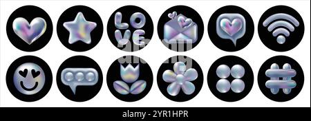3D-holografischer Retro-90-Symbolsatz. Chrome Heart, Stern, Hashtag, Umschlag, Wi-Fi, Daisy Flowers, Lächeln, abstrakte Formen isoliert auf Schwarz. Ästhetik der Zukunft, 3D-Chrom-Blasenkunst. Aufkleberset aus glänzendem Metall. Stock Vektor