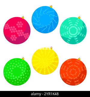 Sechs bunte Weihnachtskugeln auf weißem Hintergrund. Vektorabbildung. Stock Vektor