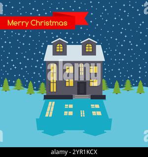 Winternacht mit einsamem Haus und Sternenhimmel und einem roten Band mit der Inschrift Happy Christmas. Vektorabbildung. Stock Vektor