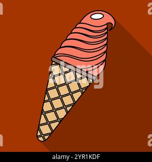 Vektor-Illustration von Eis in einem Waffelhorn in flacher Art isoliert auf braunem Hintergrund mit Schatten. Vektorabbildung Stock Vektor