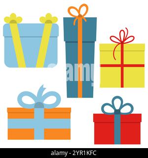 Sammlung von fünf mehrfarbigen Geschenkboxen. Vektorabbildung Stock Vektor