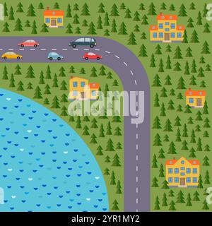 Plan des Dorfes. Landschaft mit der Straße, Nadelwald, See, Autos und Häusern. Vektorabbildung Stock Vektor