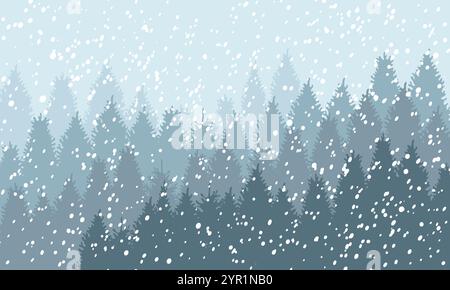 Winterlandschaft mit schneebedecktem Wald und fallendem Schnee. Winterhintergrund. Vektorabbildung Stock Vektor