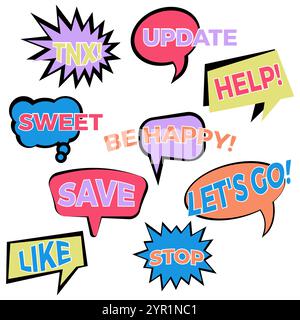 Set aus neun Comic-Ballon-Sprechblasen im flachen Stil. Elemente von Design-Comic-Büchern mit verschiedenen Phrasen. Vektorabbildung Stock Vektor