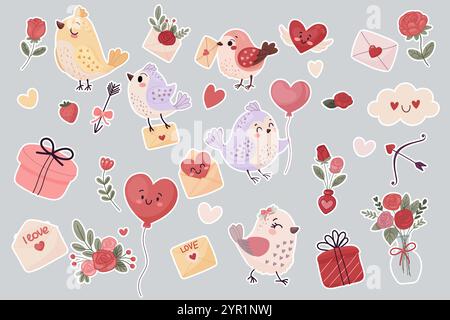 Ein Set niedlicher Valentinstag-Elemente, Aufkleber. Herzen, Blumen, Vögel. Vektorillustration für Ihr Design Stock Vektor