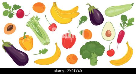 Set aus natürlichem Obst und Gemüse. Vektor-Agrarprodukte auf weißem Hintergrund. Rettich, Brokkoli, Zucchini, Auberginen, Banane, Kirsche, Aprikose, Avocado, Sellerie, Paprika im Cartoon-Stil. Stock Vektor