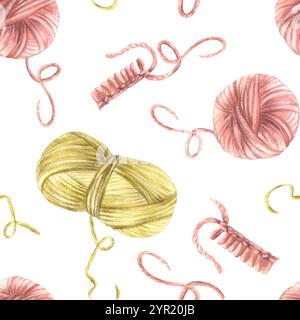 Ein Knäuel Garn, ein Knäuel aus nahtlosem Strickgarn. Rosafarbene, rot-gelb-grüne pastellfarbene gestrickte oder gestrickte Artikel. Handgezeichnete Abbildung Stockfoto