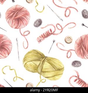 Nahtloses Strickmuster mit Handarbeit. Garnstränge, Holz und Nadeln, Nadeln, Knöpfe. Wollkugeln gehäkelt, gestrickter Hobbystoff, Verpackung Stockfoto
