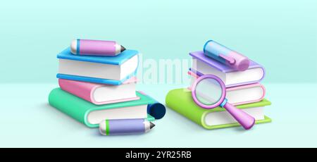 Bunte 3D-Stapel von Lehrbüchern mit pastellfarbenen Covern auf mintfarbenem Hintergrund. Pädagogische Komposition mit gestapelten Büchern, Lupen und Bleistiften. Min Stock Vektor