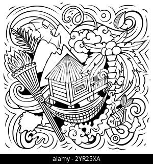Hawaii Cartoon-Vektor-Doodle-Design. Skizzenhafte, detaillierte Komposition mit vielen hawaiianischen Objekten und Symbolen Stock Vektor