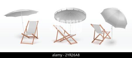 Weiße Sonnenschirme mit hölzernen Liegestühlen in verschiedenen Winkeln. 3D-Modell eines Möbelsets am Meer. Realistische Schablone für Outdoor Equipment Kleie Stock Vektor
