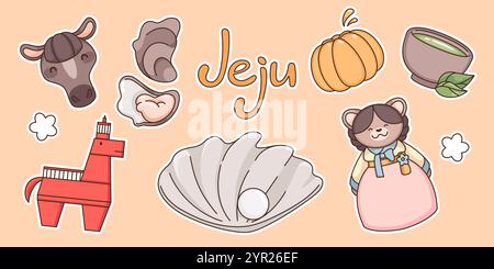 Korea Jeju Insel Wahrzeichen Vektor Illustration. Südkoreanisches Essen, Blumen- und Mandarinenmalerei. Tourismus-Symbol und Attraktion Design. Isolierte s Stock Vektor