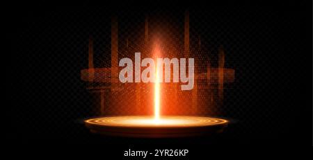 Leuchtend rotes Neonlicht-Tech-Portal. Modernes Zylinder-Podium, das holographisches Licht ausstrahlt. Realistische 3D-Vektor-Illustration von magischem Cyberpunk-Telep Stock Vektor