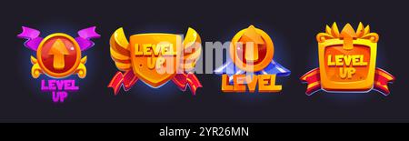 Goldene Abzeichen mit nach oben gerichteten Pfeilen und Bändern. Schilde und Medaillons mit Cartoon-Dekoration in verschiedenen Formen - rund Stock Vektor