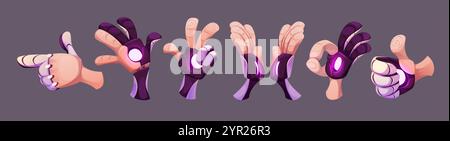 Roboterprothesen an der menschlichen Hand in verschiedenen Positionen. Violette Metallic-Finger mit leuchtenden Elementen, die in verschiedenen Gesten an den Handflächen befestigt sind. SCI fi a Stock Vektor