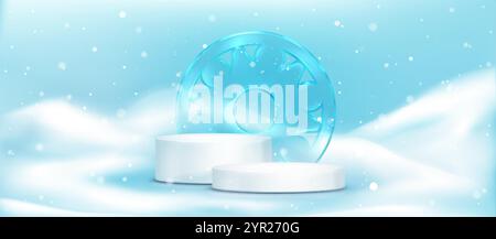 Weißes kreisförmiges Podium auf schneebedecktem Winterhintergrund mit durchscheinendem blauem Eisdekorationsmedaillon. Herabfallende Schneeflocken und Schneefräsen für das Produkt Stock Vektor