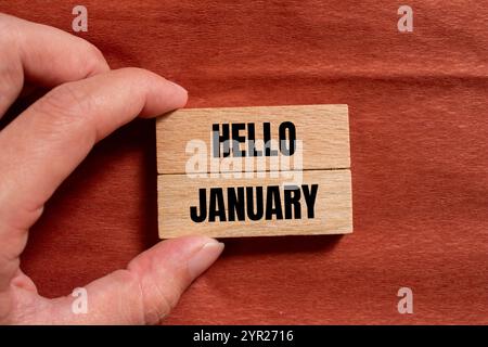 Hallo januar Nachricht geschrieben auf Holzblöcken mit braunem Hintergrund. Konzeptionelles Hallo januar-Symbol. Kopierbereich. Stockfoto