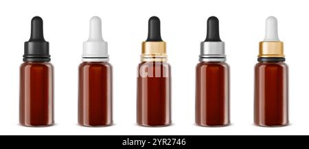 Braune Tropfflasche mit Pipettenmockup für Serum oder Öl. 3D-Pipette schwarz-weiß. Klare realistische medizinische Glasflasche mit es Stock Vektor