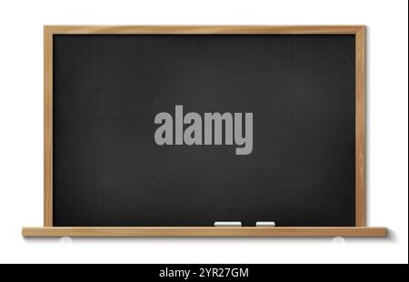 Schultafel isoliert auf Wandhintergrund. Vektorrealistische Illustration von schwarzer Tafel mit Kreidestücken auf Regal, Büropräsentation oder Stock Vektor