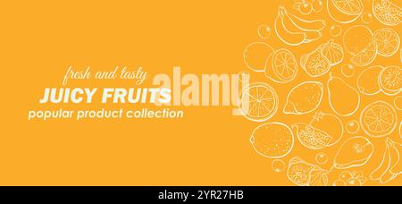 Gesundes Essen Hintergrund Draufsicht mit Kritzelfrüchten auf gelbem Hintergrund. Essensmenü Design Vorlage Vektor Illustration. Marktgestaltung für landwirtschaftliche Betriebe. Stock Vektor