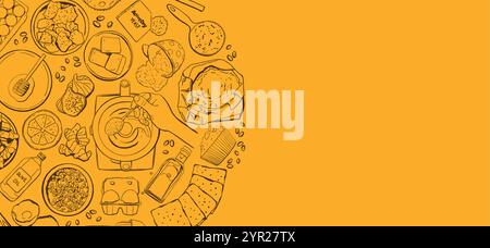 Vorlage für Kochkurse mit Platz für Ihren Text. Kochzutaten und Werkzeuge auf weißem Hintergrund. Rahmen von Küchenartikeln und Platz für Sie Stock Vektor