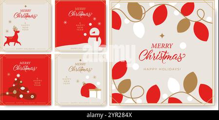 Frohe Weihnachten und frohes neues Jahr! Ein Satz minimalistischer Grußkarten. Ästhetisches Weihnachtsdesign mit Typografie, Weihnachtsbaum, Schneemann, Hirsch. Stock Vektor