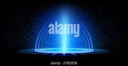 Futuristisches rundes Portal mit Lichtstrahl auf schwarzem Hintergrund. Vektor-realistische Illustration von High-Tech-Teleport mit Neonblau Beleuchtung, Sci-fi g Stock Vektor