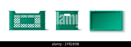 Kunststoffkiste Mockups, isoliert auf weißem Hintergrund. Vektor-realistische Illustration von grünen Kästen für Obst- und Gemüselager, Lagerausrüstung Stock Vektor