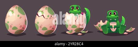 Dinosaurierschlüpfei. Niedliche Dino-Crack-Shell isolierte ui-Illustration. Zauberdrachen Baby-Born-Sequenz-Animation. Lustiges und komisches grünes Monster, das offen ist Stock Vektor