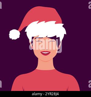 Glückliche lächelnde Frau mit Weihnachtsmütze. Porträt einer Frau im Weihnachtsmann-Hut. Vektorabbildung Stock Vektor