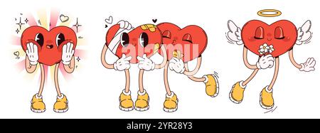 Ausdrucksstarke rote, groovige Herzfiguren in gelben Stiefeln zeigen unterschiedliche Stimmungen. Cartoon Love Symbol Maskottchen mit fröhlichen Emotionen, gebrochen mit Band Ai Stock Vektor